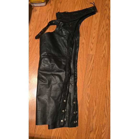 Leather King Motorcycle Chaps XXL Leather Adjustable Belt Braided Trim Pocket - Picture 5 of 8